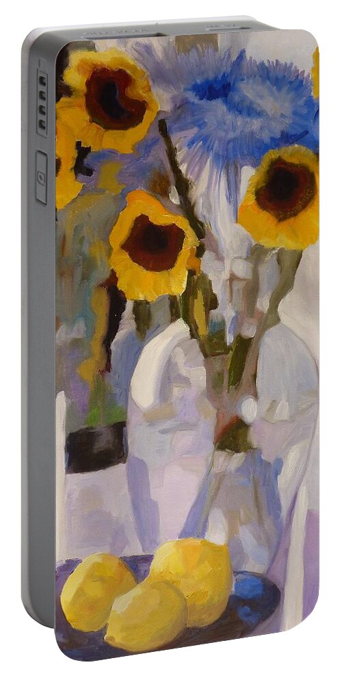 Still Life Sunflowers Mums Glass Vase Portable Battery Charger featuring the painting Gifts of the Sun by Susan Duda