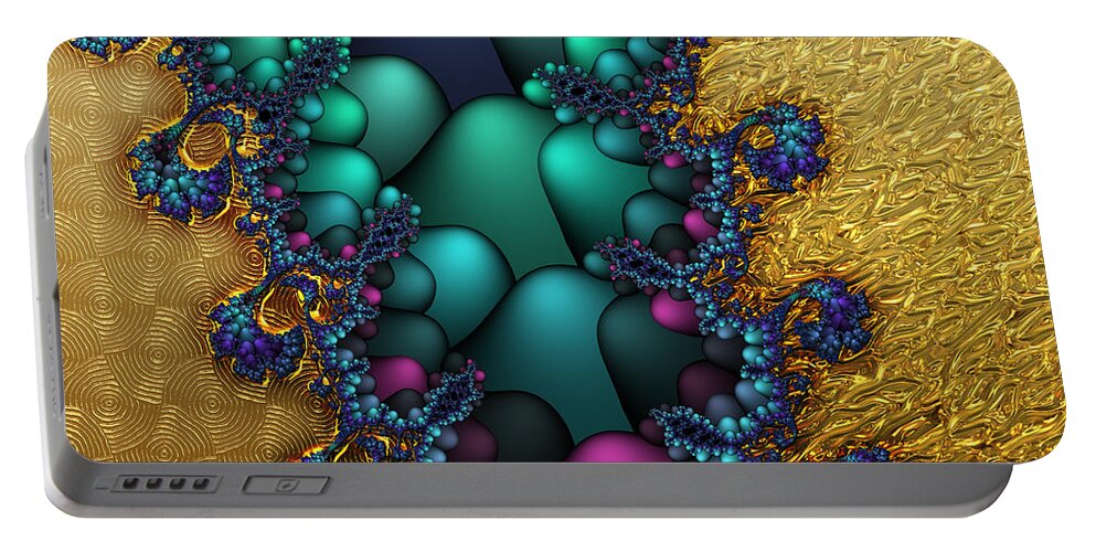 Blue Portable Battery Charger featuring the digital art Gilded Fractal 4 by Ann Stretton