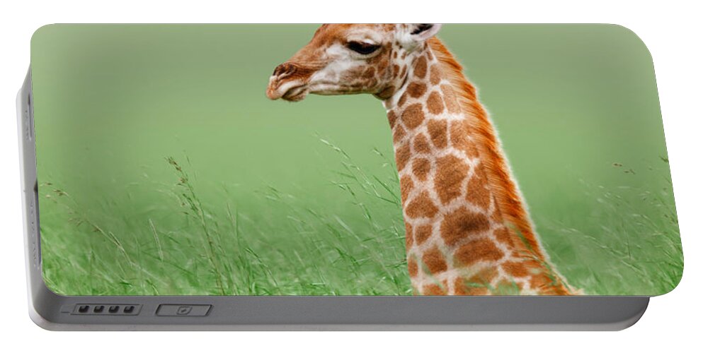 #faatoppicks Portable Battery Charger featuring the photograph Giraffe lying in grass by Johan Swanepoel