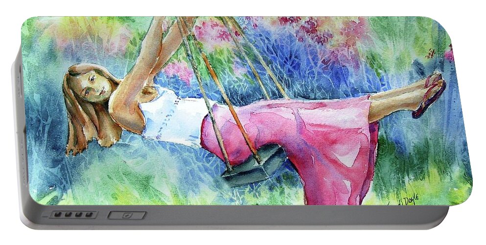 Swing Portable Battery Charger featuring the painting GIrl on a Swing by Trudi Doyle