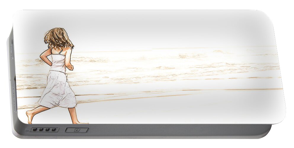 Girl Running On Beach Colored Sketch Portable Battery Charger featuring the digital art Girl Running on Beach Colored Sketch by Randy Steele