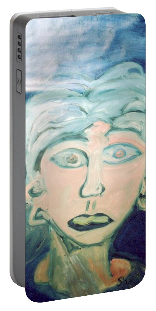 Blue Hair Portable Battery Charger featuring the painting Girl with Ear Rings by Shea Holliman