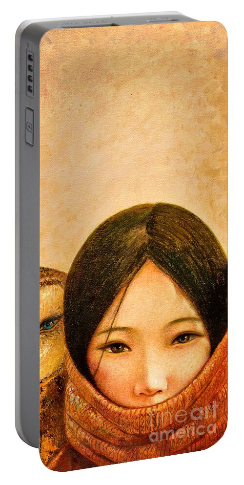 Shijun Portable Battery Charger featuring the painting Girl with Owl by Shijun Munns