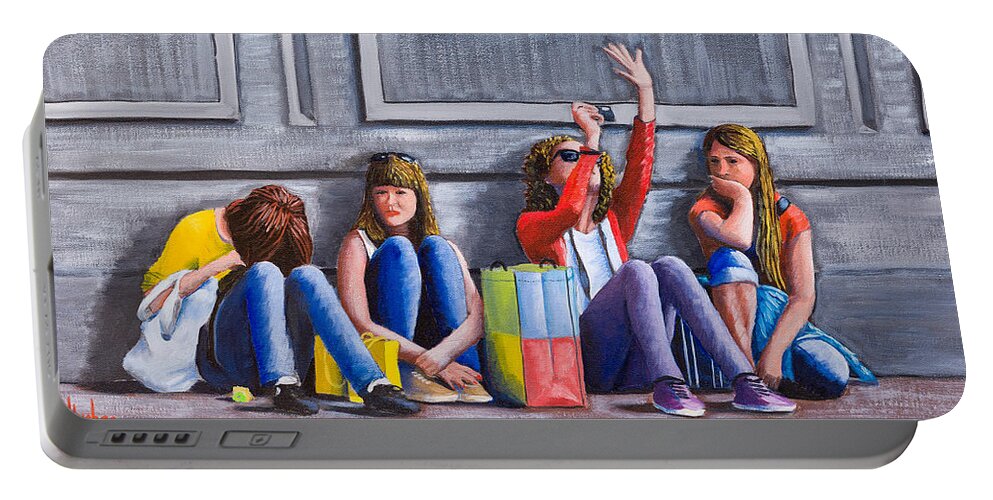 Girls Portable Battery Charger featuring the painting Girls Waiting for Ride by Kevin Hughes