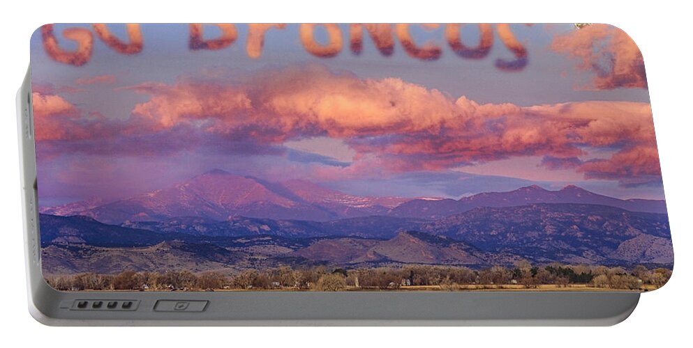 Go Broncos Portable Battery Charger featuring the photograph Go Broncos Colorado Front Range Longs Moon Sunrise by James BO Insogna