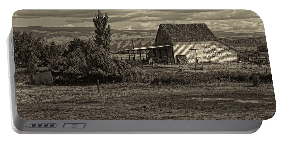 Barn Portable Battery Charger featuring the photograph God Bless America Barn Black and White by Cathy Anderson