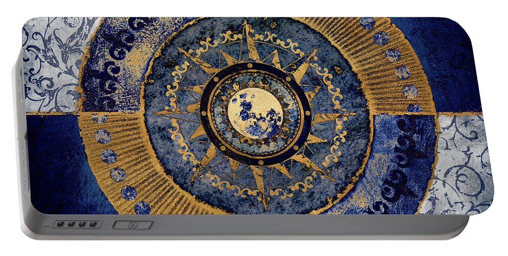 Moon Portable Battery Charger featuring the digital art Gold And Sapphire Moon Dial II by Michael Marcon