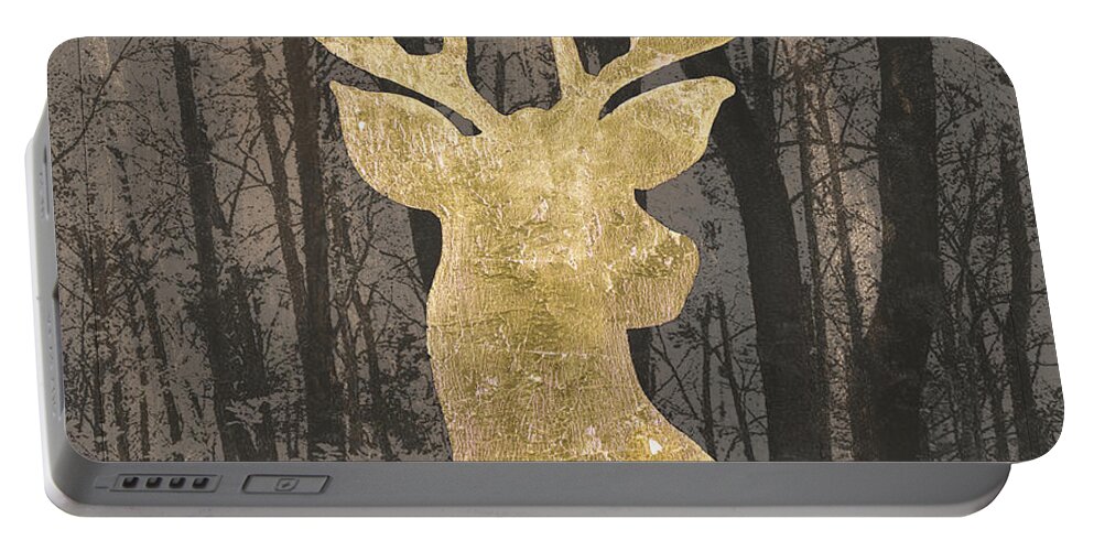 Gold Portable Battery Charger featuring the painting Gold Deer On Black by Patricia Pinto