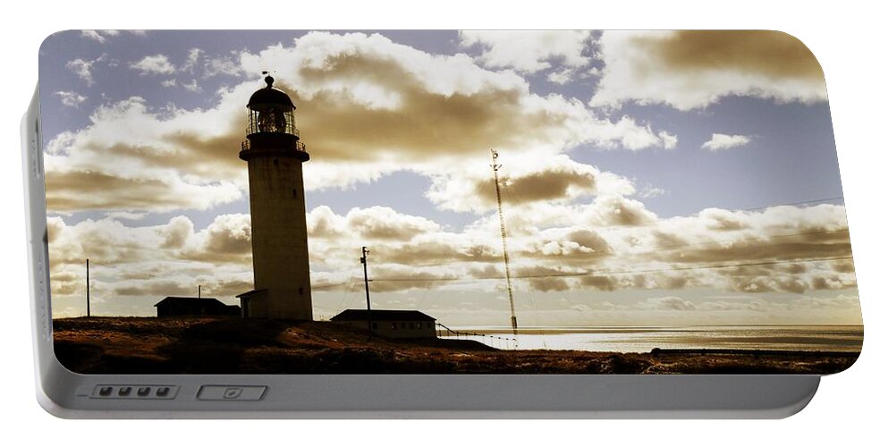 Golden Portable Battery Charger featuring the photograph Golden Cape Race Lighthouse by Zinvolle Art