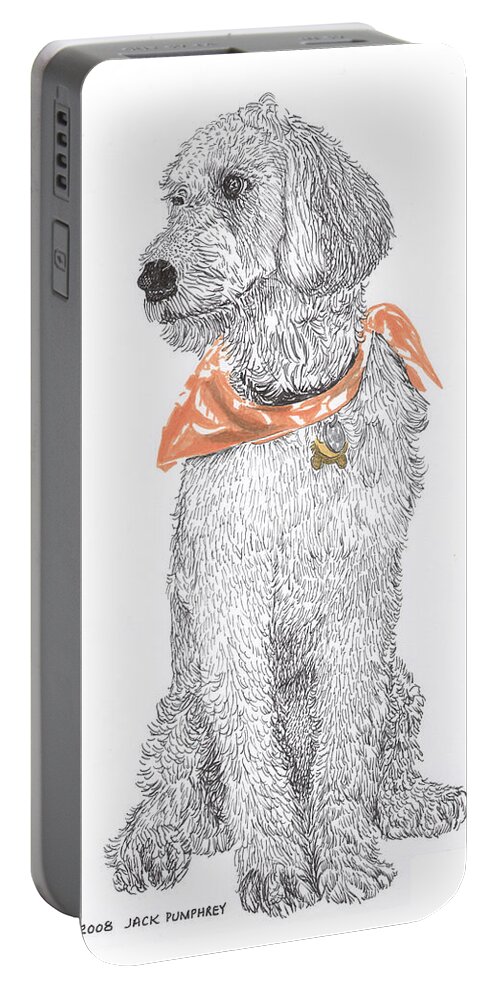 Poodle Doodle Doggy Portable Battery Charger featuring the drawing Trash Talking Golden Doodle by Jack Pumphrey
