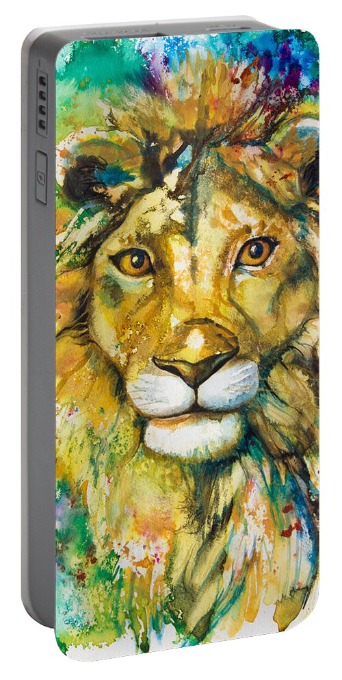 Lion Portable Battery Charger featuring the painting Golden Lion by Patricia Allingham Carlson