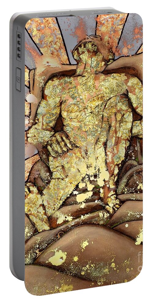 Golden Man Portable Battery Charger featuring the painting Golden Man On The Precipice by Cynthia Parsons