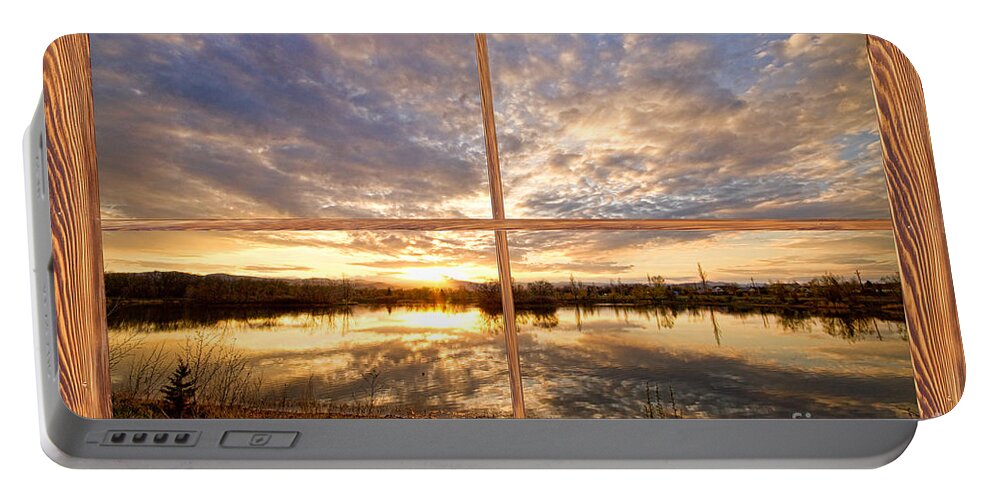  Window Portable Battery Charger featuring the photograph Golden Ponds Sunset Reflections Barn Wood Picture Window View by James BO Insogna