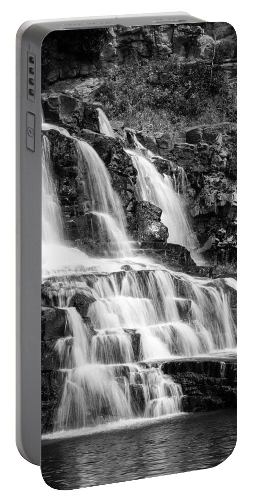 Duluth Portable Battery Charger featuring the photograph Gooseberry Falls BW vertical by Penny Meyers