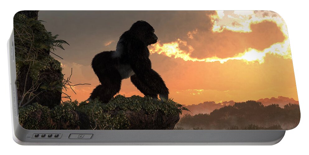 Gorilla Portable Battery Charger featuring the digital art Gorilla Sunset by Daniel Eskridge
