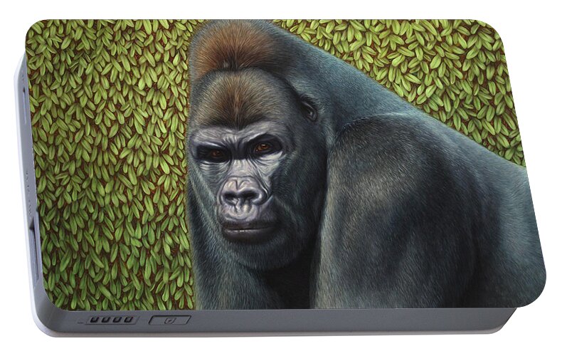 Gorilla Portable Battery Charger featuring the painting Gorilla with a Hedge by James W Johnson