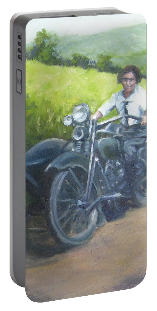 Motorcycle Portable Battery Charger featuring the painting Gramma and the Harley by Connie Schaertl