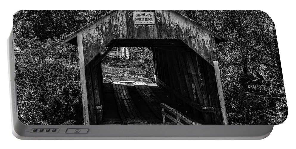 Architecture Portable Battery Charger featuring the photograph Grange City Covered Bridge - BW by Mary Carol Story