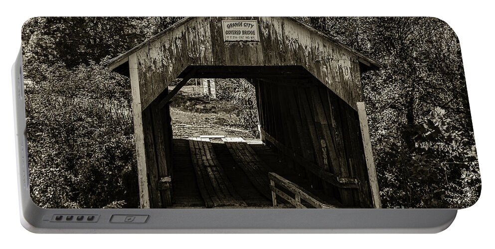 Architecture Portable Battery Charger featuring the photograph Grange City Covered Bridge - Sepia by Mary Carol Story