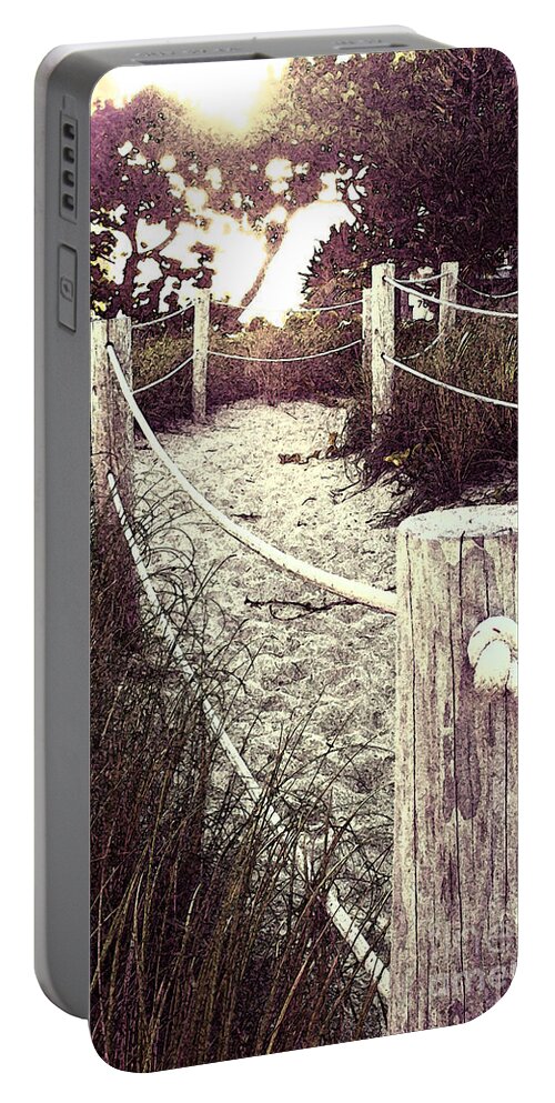 Deerfield Beach Portable Battery Charger featuring the photograph Grassy Beach Post Entrance at Sunset by Janis Lee Colon