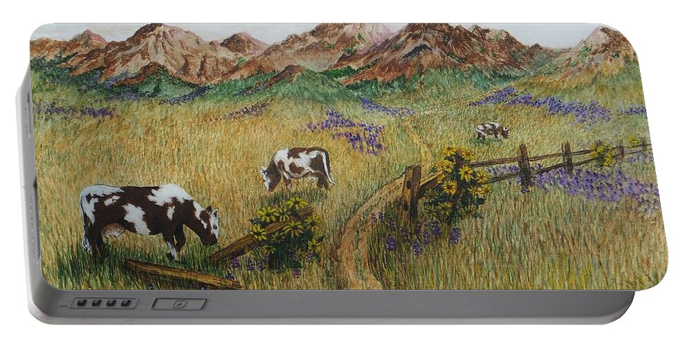 Print Portable Battery Charger featuring the painting Grazing Cows by Katherine Young-Beck