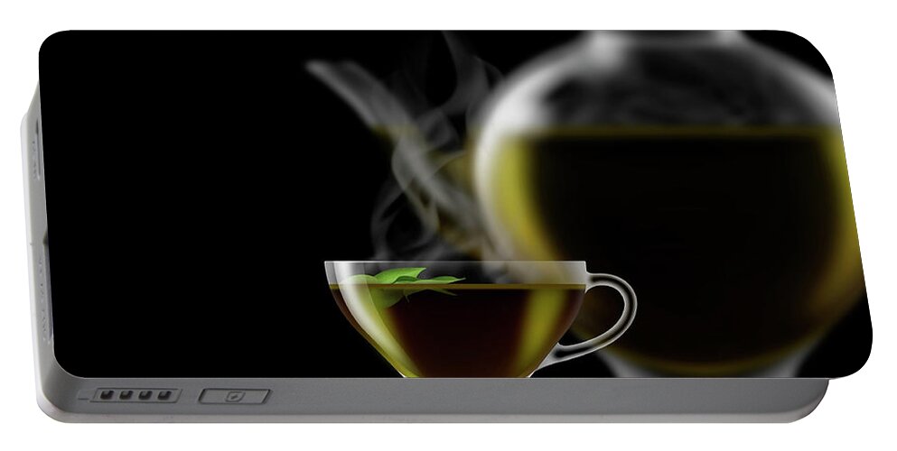 Black Background Portable Battery Charger featuring the photograph Green Tea, Glass Teacup, Saucer by Ikon Ikon Images