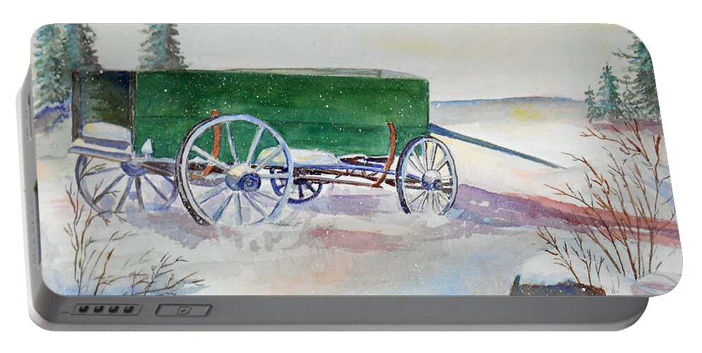 Wagon Portable Battery Charger featuring the painting Green Wagon by Christine Lathrop
