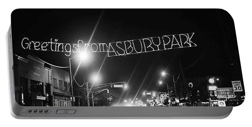 Greetings From Asbury Park New Jersey Black And White Portable Battery Charger featuring the photograph Greetings from Asbury Park New Jersey Black and White by Terry DeLuco