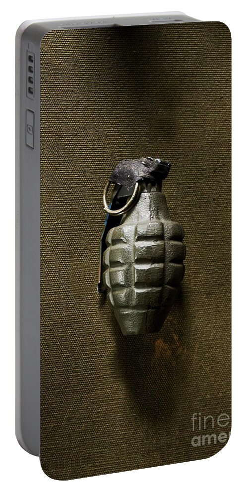 Grenade; Weapon; Military; War; Green; Pin; Destruction; Destructive; One; Still Life; Us; United States; Bomb; Wwii; World War Two; Camouflage; Olive; Explosive; Fireball; Missile; Projectile; Ammunition; Cartridge; Iron; Shadows; Imposing; Ominous; Foreboding; Canvas Portable Battery Charger featuring the photograph Grenade by Margie Hurwich