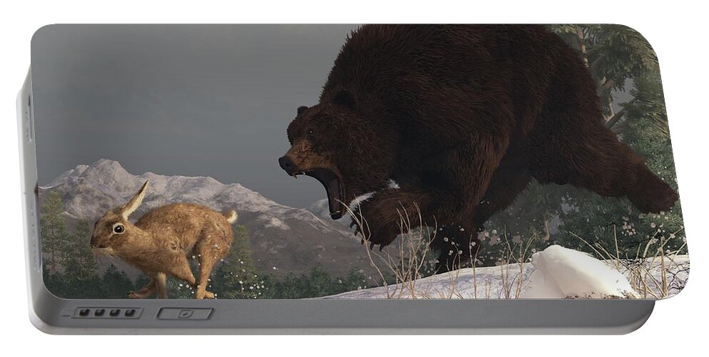 Bear Portable Battery Charger featuring the digital art Grizzly Bear Chasing Rabbit by Daniel Eskridge