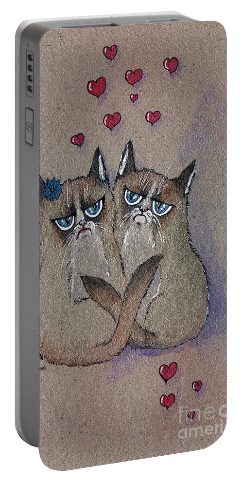 Cat Portable Battery Charger featuring the painting Grumpy Cat Lovers by Ang El