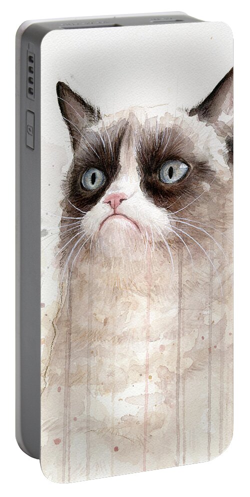 Grumpy Portable Battery Charger featuring the painting Grumpy Watercolor Cat by Olga Shvartsur