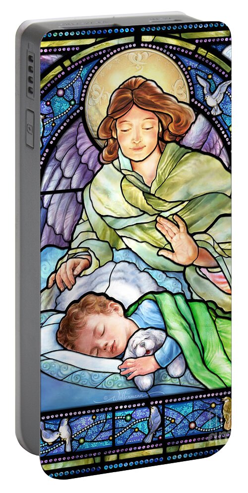 Stained Portable Battery Charger featuring the digital art Guardian Angel With Sleeping Boy by Randy Wollenmann