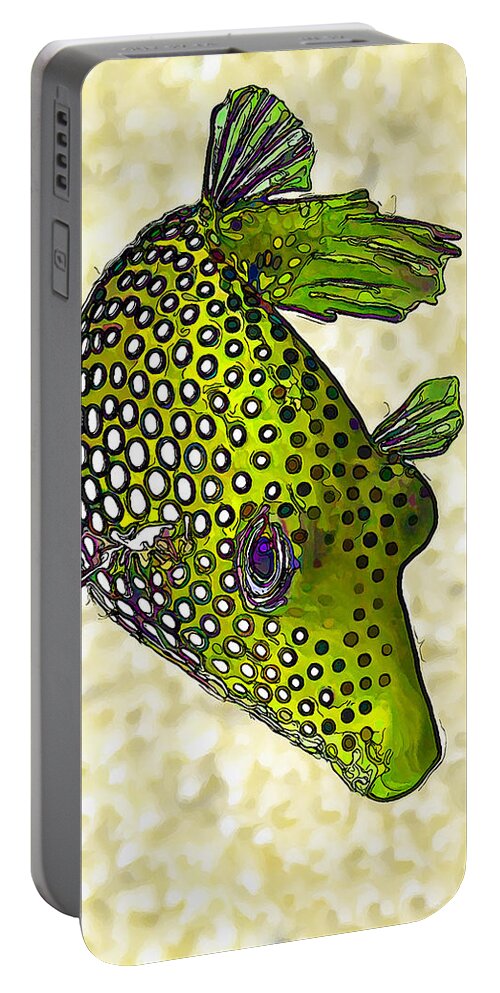 Nature Portable Battery Charger featuring the digital art Guinea Fowl Puffer Fish in Green by ABeautifulSky Photography by Bill Caldwell