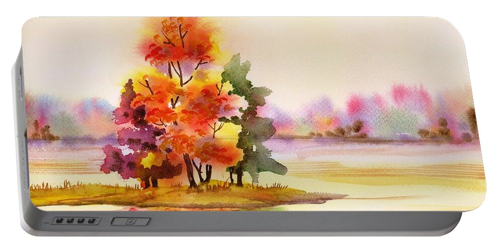 Watercolor Portable Battery Charger featuring the painting Gunpowder State Park in the Fall by Yolanda Koh
