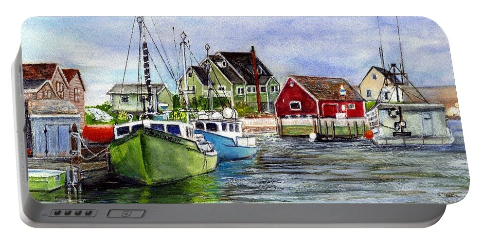 Peggy's Cove Framed Prints Portable Battery Charger featuring the painting Peggys Cove Nova Scotia Watercolor by Carol Wisniewski