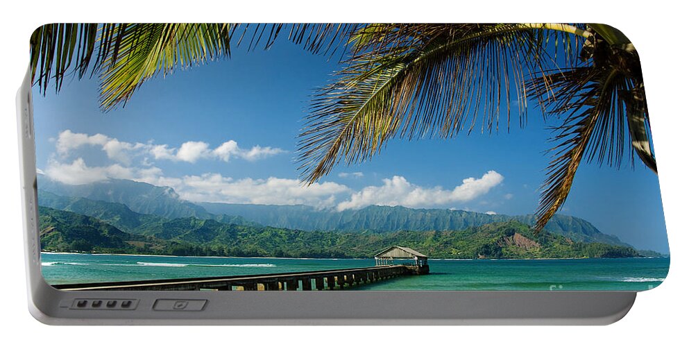 Bay Portable Battery Charger featuring the photograph Hanalei Pier and beach by M Swiet Productions