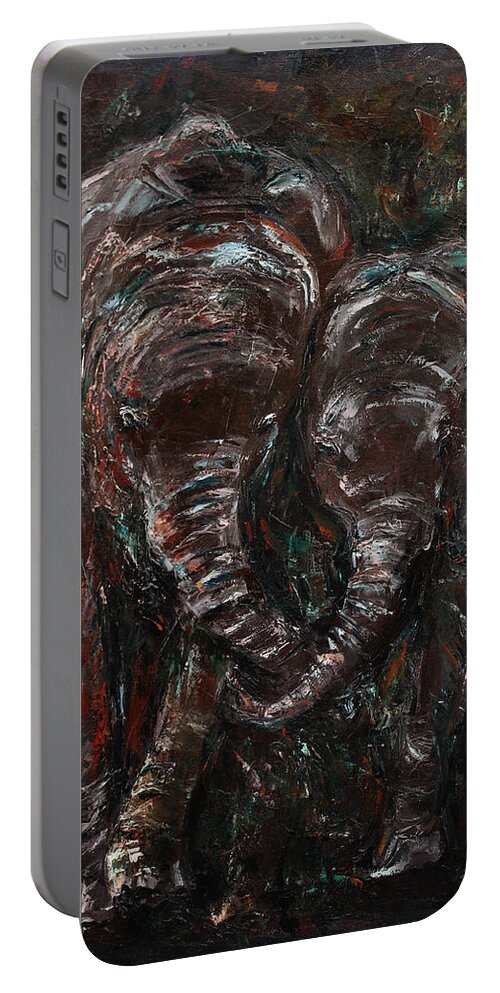 Elephants Portable Battery Charger featuring the painting Hand in Hand by Xueling Zou