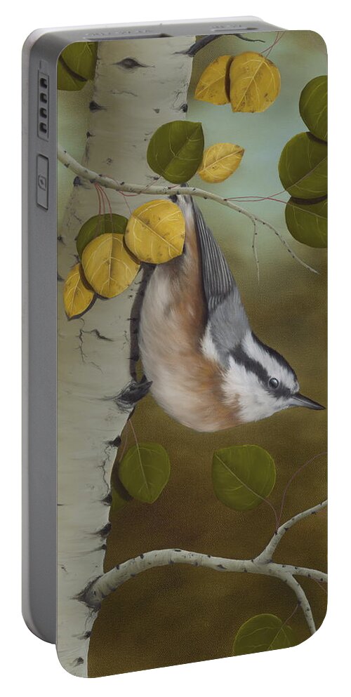 Animals Portable Battery Charger featuring the painting Hanging Around-Red Breasted Nuthatch by Rick Bainbridge