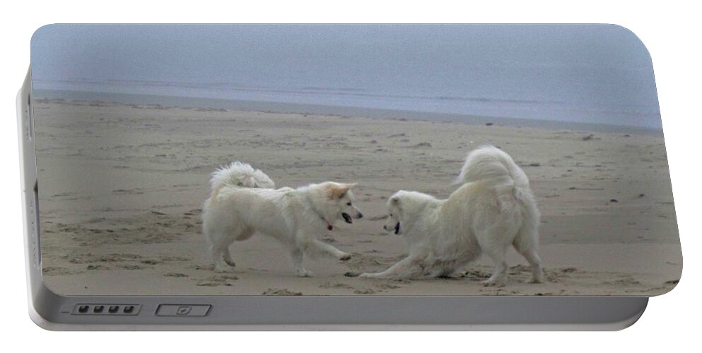 Samoyed Portable Battery Charger featuring the photograph Happy Girls Beach Side by Fiona Kennard