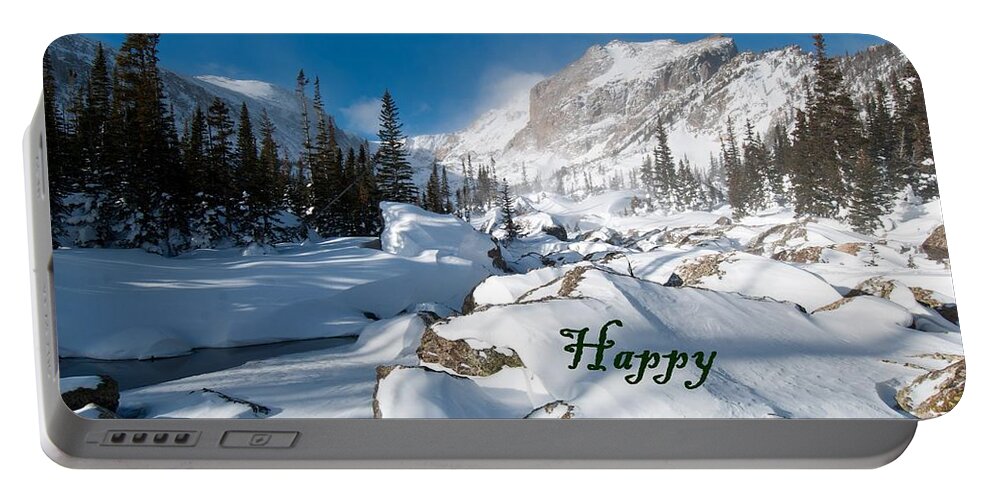 Happy Holidays Portable Battery Charger featuring the photograph Happy Holidays Snowy Mountain Scene by Cascade Colors