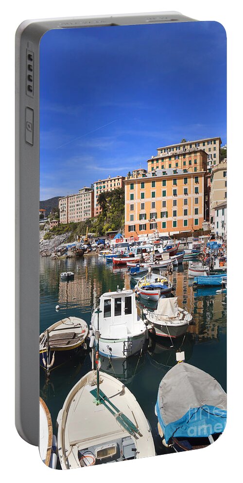 Blue Portable Battery Charger featuring the photograph harbor in Camogli - Italy by Antonio Scarpi