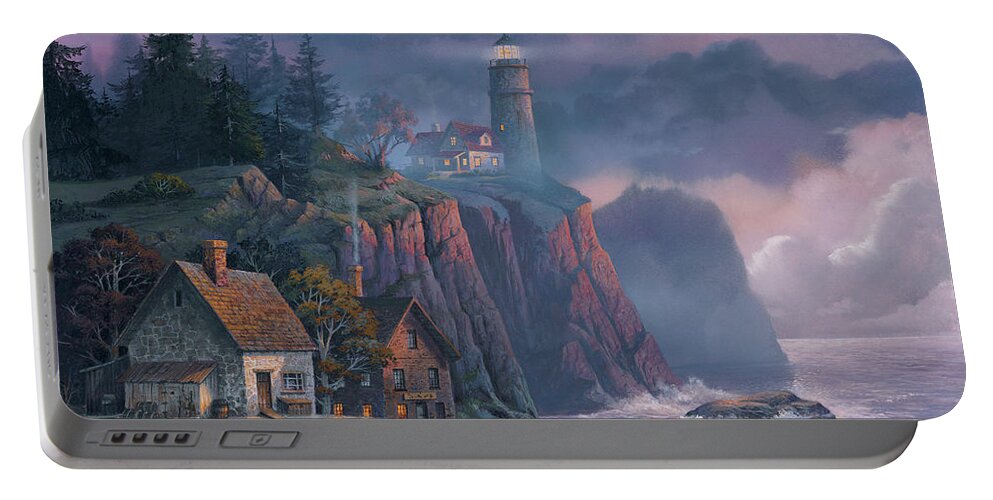 #faatoppicks Portable Battery Charger featuring the painting Harbor Light Hideaway by Michael Humphries