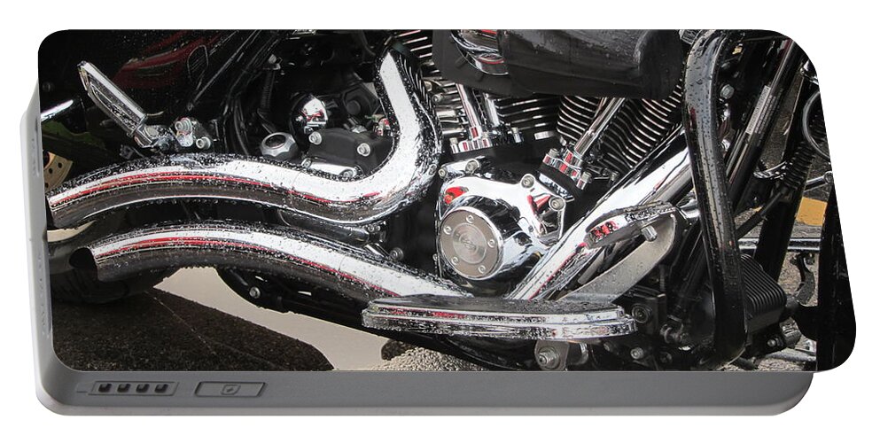 Motorcycles Portable Battery Charger featuring the photograph Harley Engine Close-up Rain 2 by Anita Burgermeister