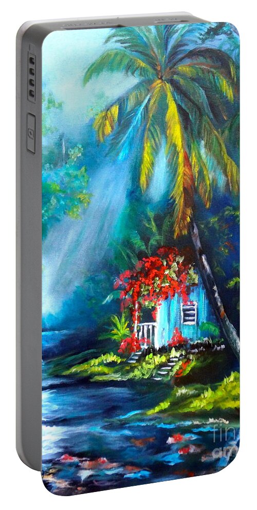 Hawaii Portable Battery Charger featuring the painting Hawaiian Hut in the Mist by Jenny Lee