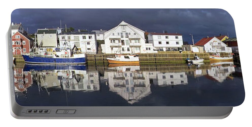 Wide Format Portable Battery Charger featuring the photograph Henningsvaer panoramic view by Heiko Koehrer-Wagner