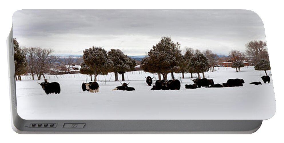 Photography Portable Battery Charger featuring the photograph Herd Of Yaks Bos Grunniens On Snow by Panoramic Images