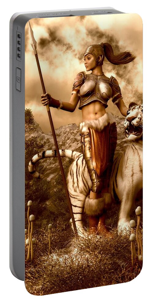 Warrior Girl Portable Battery Charger featuring the digital art Heroic Amazon and White Tiger by Kaylee Mason