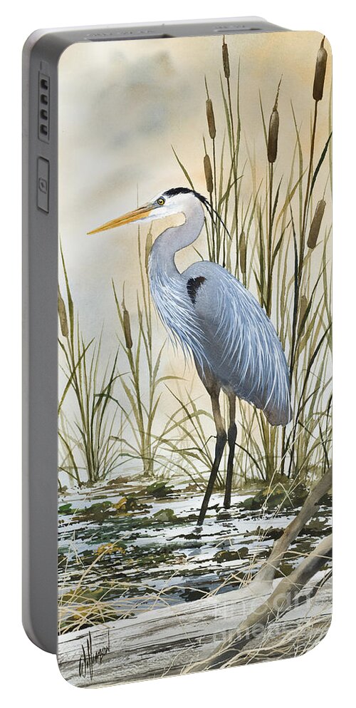 Heron Limited Edition Prints Portable Battery Charger featuring the painting Heron and Cattails by James Williamson