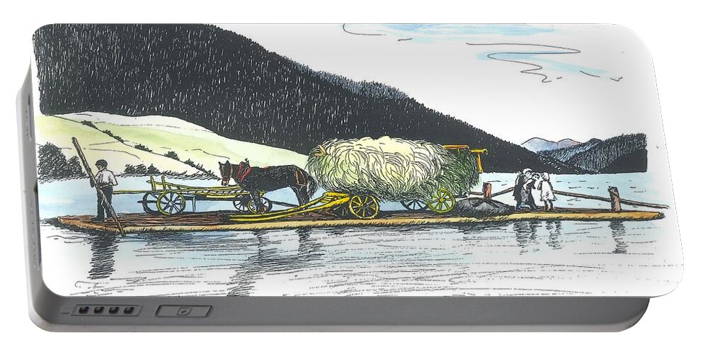 Landscape Portable Battery Charger featuring the drawing Heufloss mit Pferd by Petra Stephens